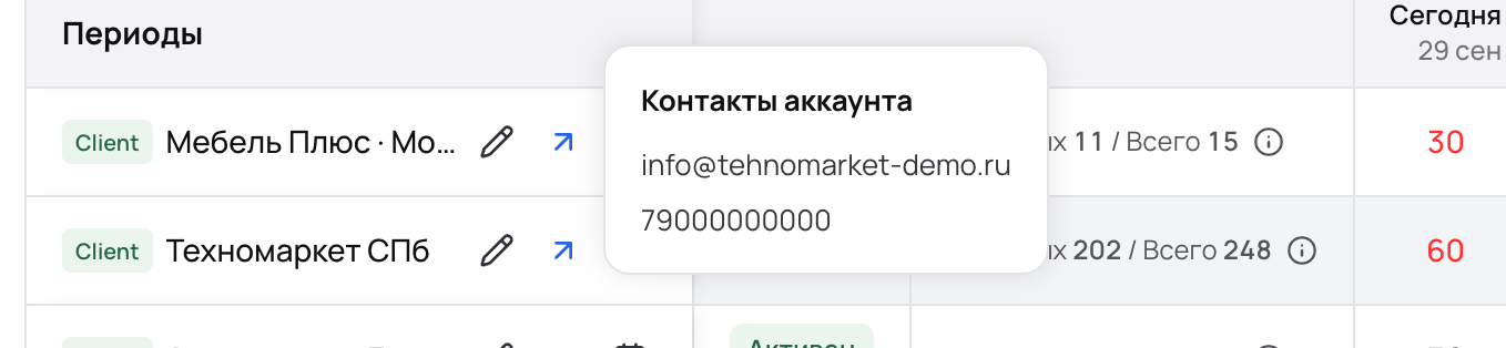Всплывающее окно «Контакты аккаунта» с email и телефоном