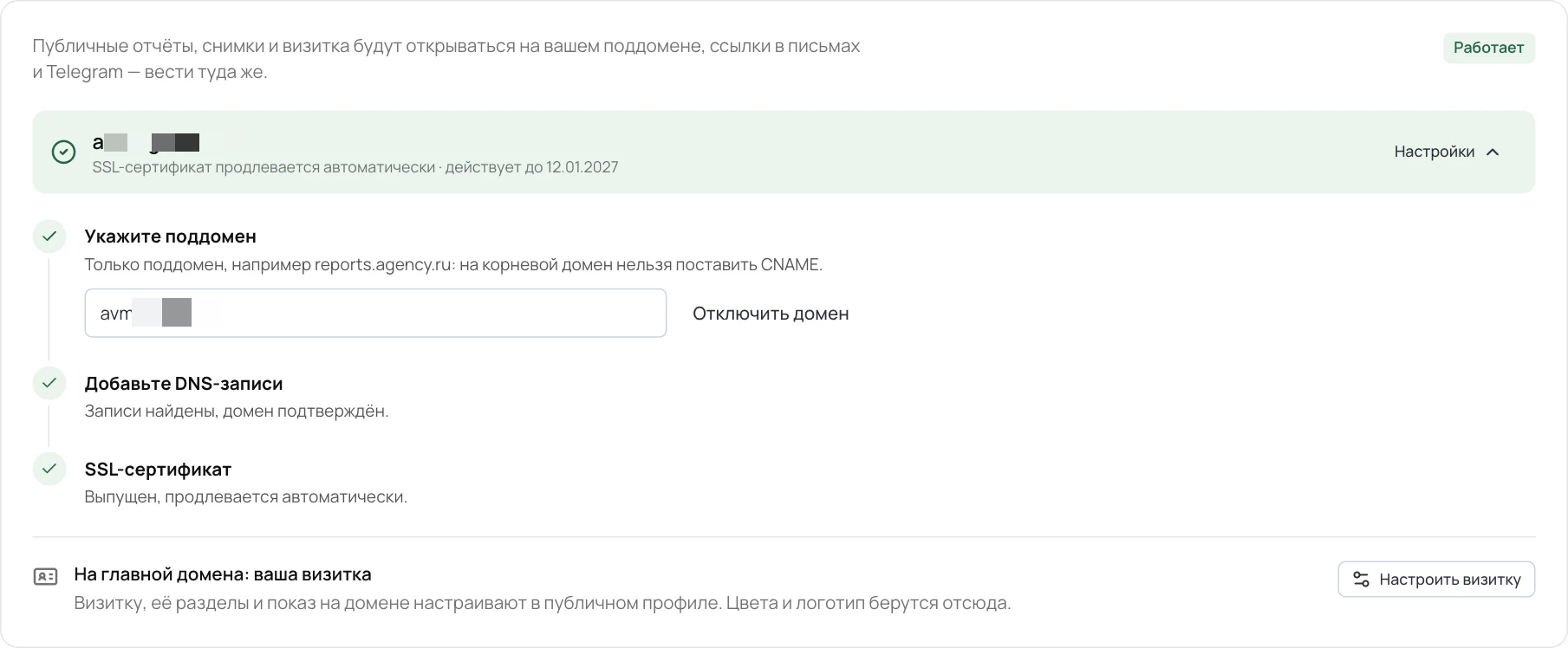 Домен работает: все три шага выполнены, сертификат продлевается сам.