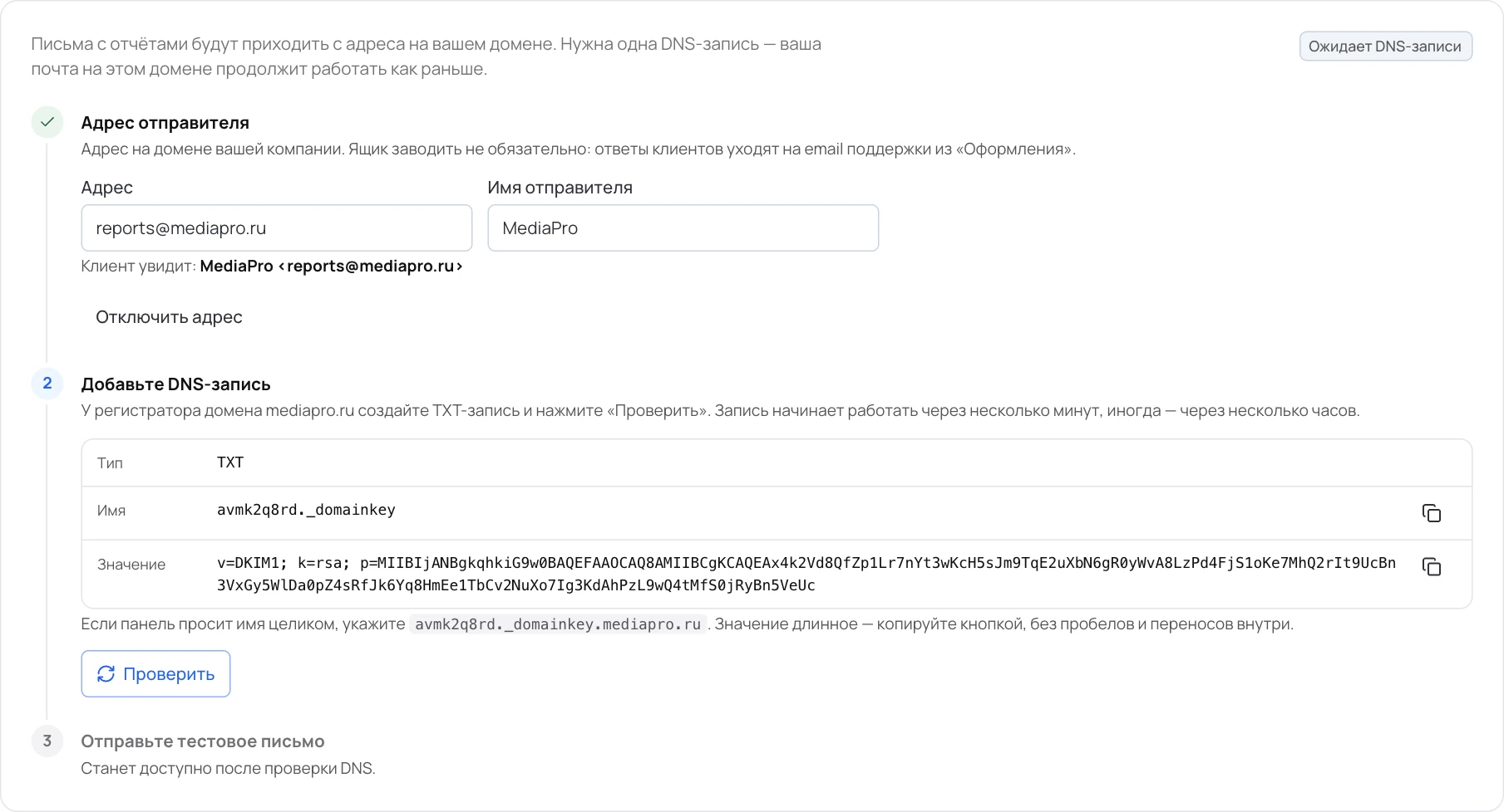 TXT-запись с ключом подписи. Значение длинное — копируйте его кнопкой справа.