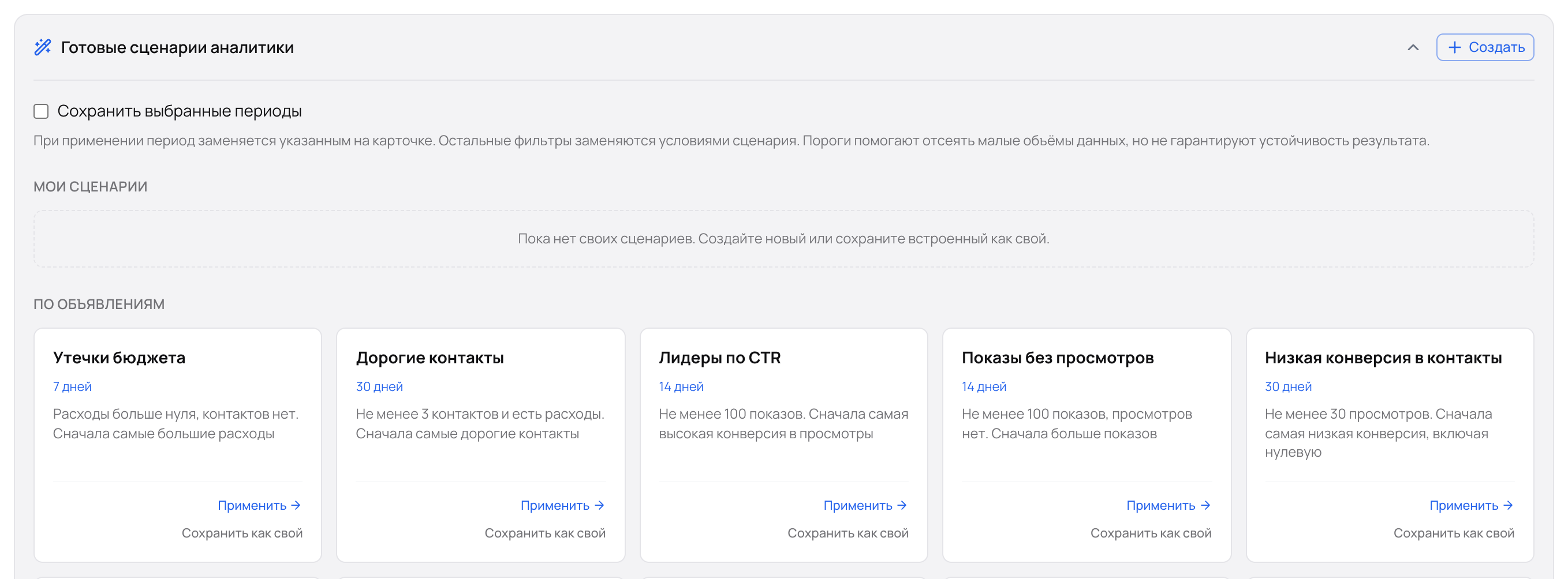 Раскрытый блок «Готовые сценарии аналитики» с карточками сценариев